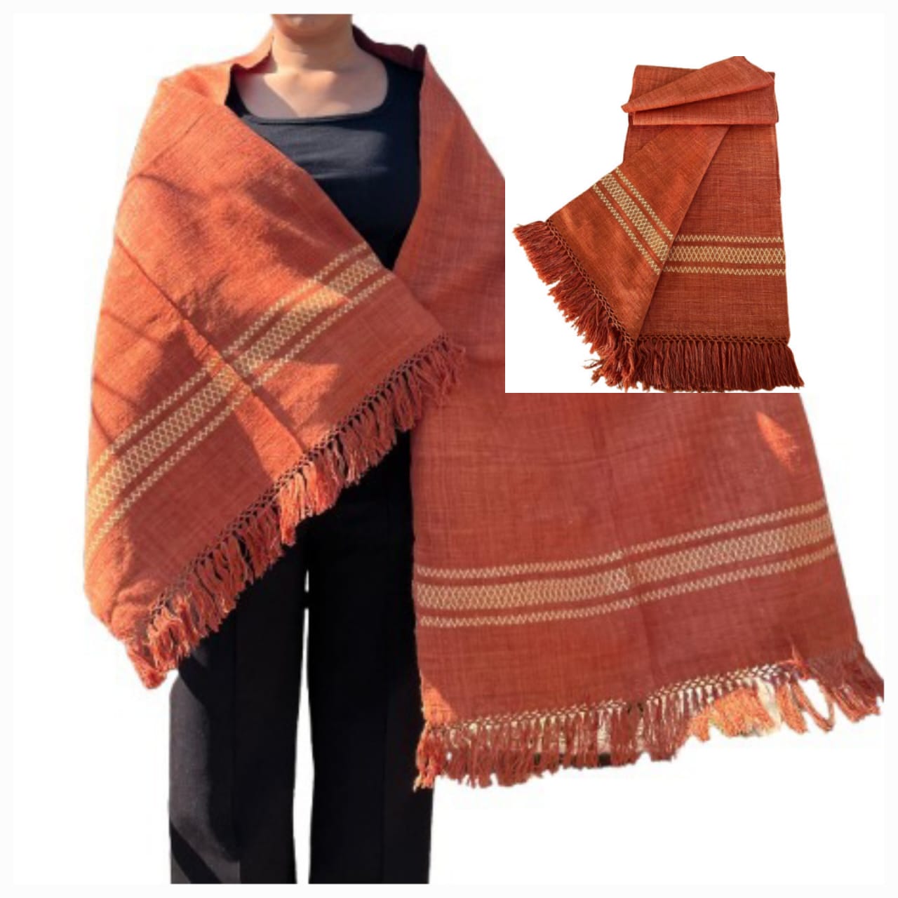 Eri Weave Hand Woven Organically Dyed Orange With Border Eri Silk Stole Plain (Pre- Order)
