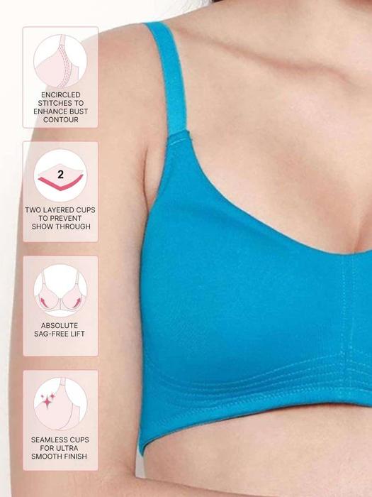 Shyaway aqua blue everyday bra close up showing side view straps seam details and layered cup features