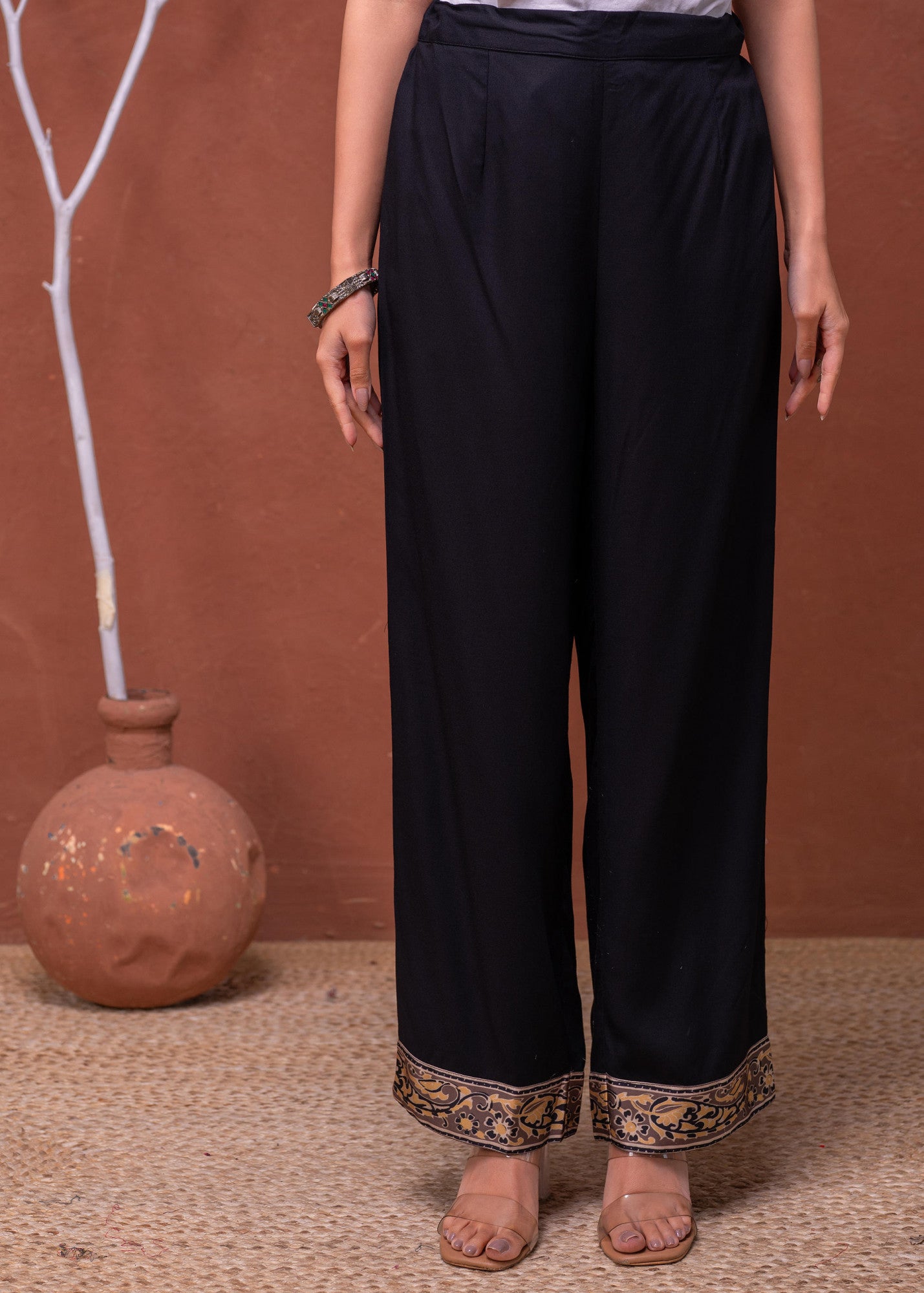 Juniper mustard embroidered kurta pant set black wide leg pants with gold embroidered hem detail