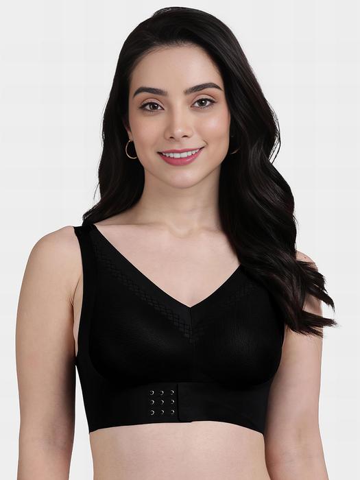 Shyaway model wearing black front hook seamless bra with V neckline wide straps wireless support for everyday comfort