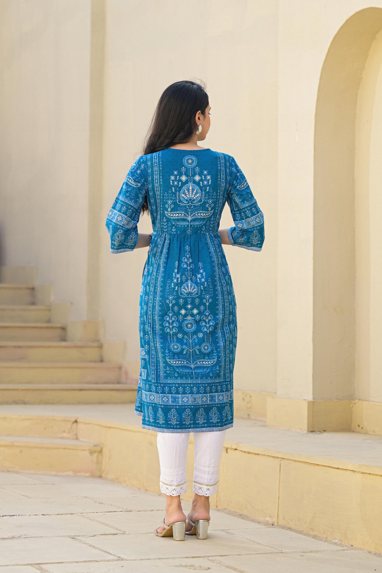 Juniper indigo cotton kurta for women back view printed three quarter sleeves with white pants