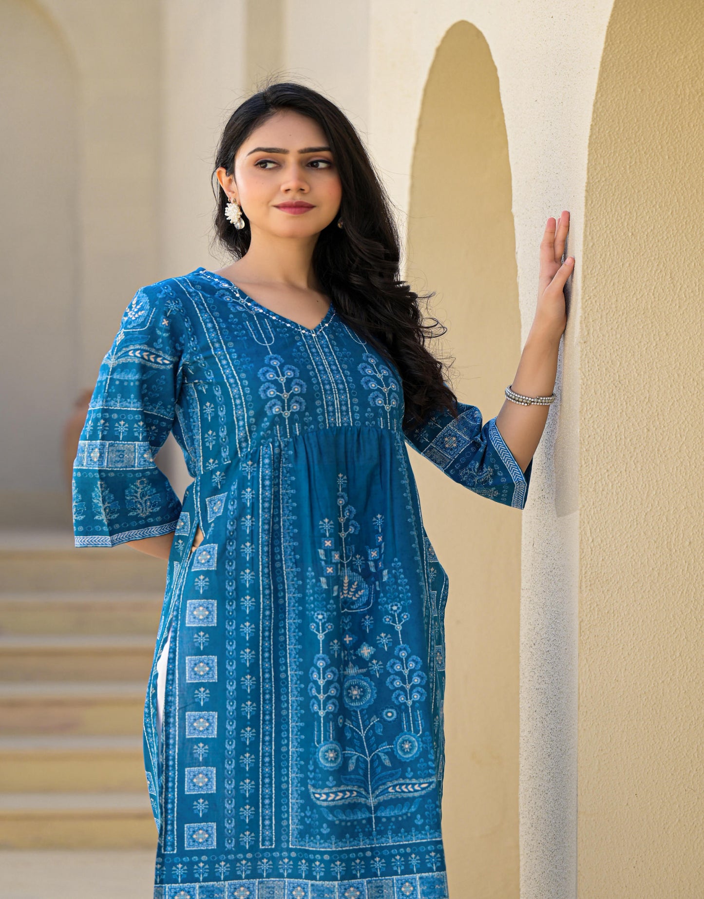 Juniper indigo cotton kurta for women with V neck three quarter sleeves and block print