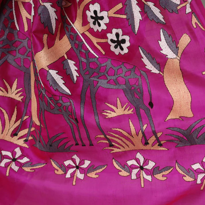 Plumvera Bengal Kantha embroidery silk saree in magenta with gold and gray embroidered deer and floral motifs