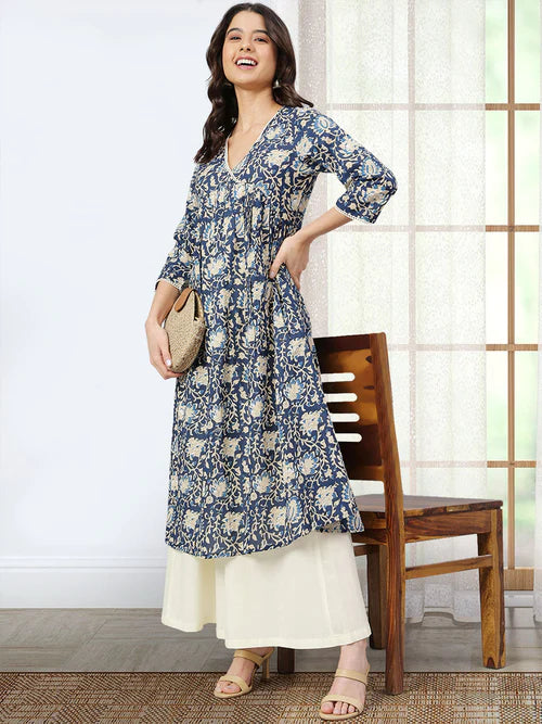 Navy Blue Cotton Printed Flared Kurta