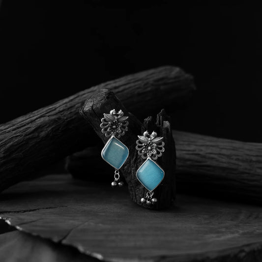 Sky Blue Saanjh Bela Bird Flower Oxidised Earrings