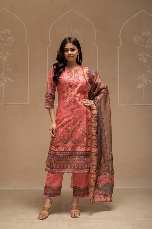 Coral Bloom – Floral Printed Kurta Set with Sequins & Beads Detailing