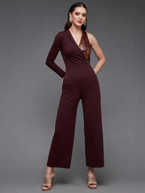 Women's Wine Embellished Asymmetric Sequined Party Blazer Jumpsuit