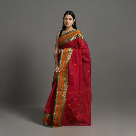 Handmade Red Kanchipuram Cotton Saree with Buti & Zari Border – A Masterpiece from Tamil Nadu’s Temple Town