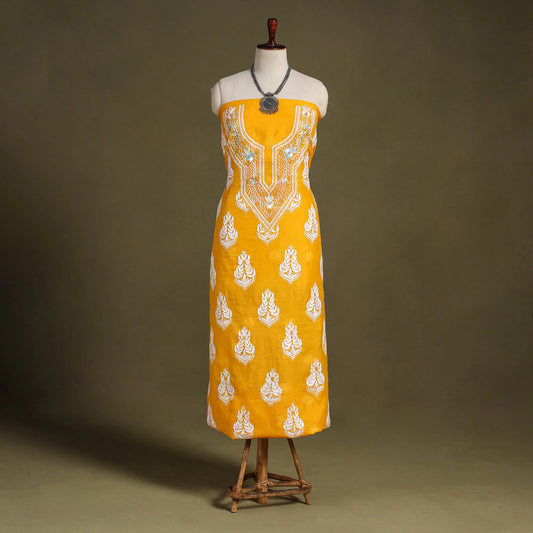 Orange Lucknowi Chikankari Kurta Fabric with Parsi Detailing