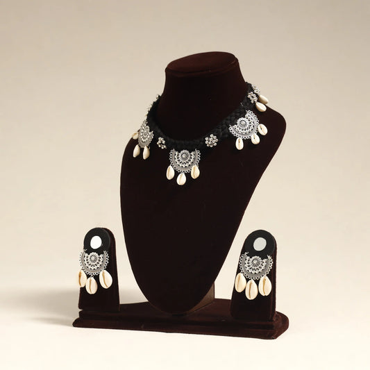 Handcrafted Black German Silver Shell-Work Necklace Set.  - Navratri Special