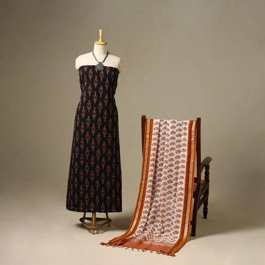 Black handloom Pochampally Ikat dress material set with Sanganeri block print dupatta from Plumvera ethnic collection