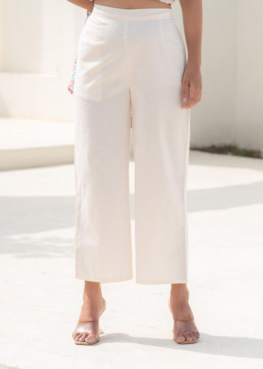 Women’s Off-White Solid Straight Cotton Pants with Pocket