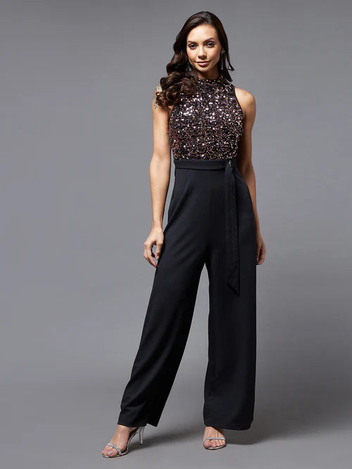 Black & Lavender Sequined Party Jumpsuit