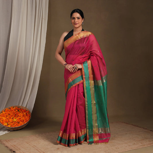 Exquisite Red Maheshwari Silk Cotton Handloom Saree with Zari Border – Handwoven in Maheshwar