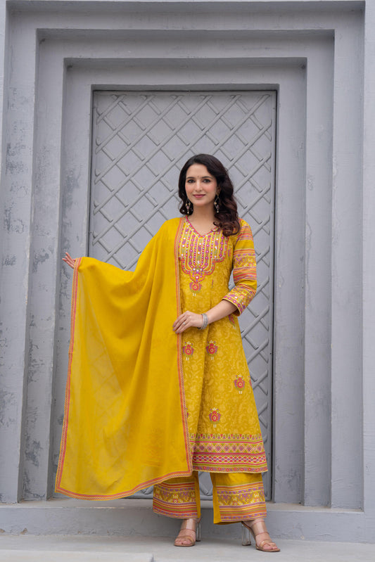 Mustard Bloom – Floral Cotton Kurta Set with Exquisite Thread & Mirror Work