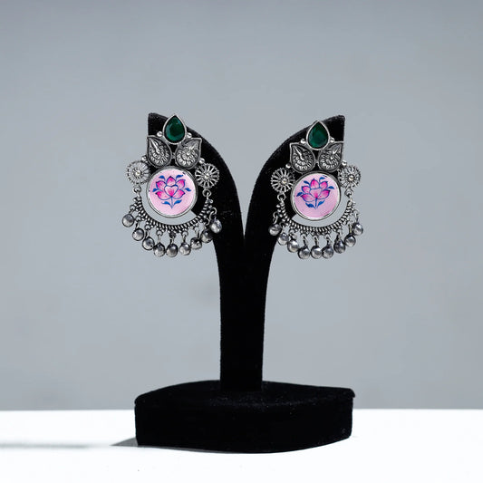 Purple Antique Silver Finish Oxidised Brass Base Enamel & Stone Work Earrings