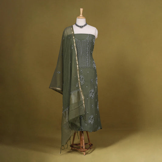 Green Chikankari Dress Material Set (2-Piece) – Mul Cotton x Chanderi Silk