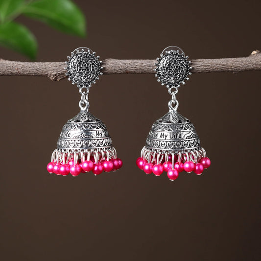 Grey Kriti Handcrafted German Silver Beadwork Jhumki Earrings