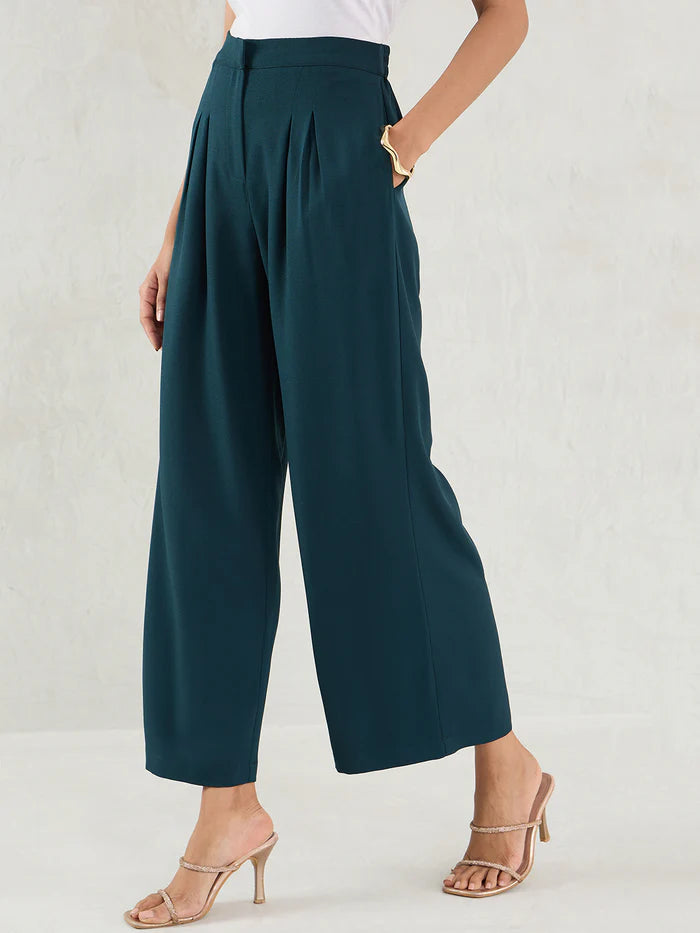 Green Pleated Full-Length Formal Trousers