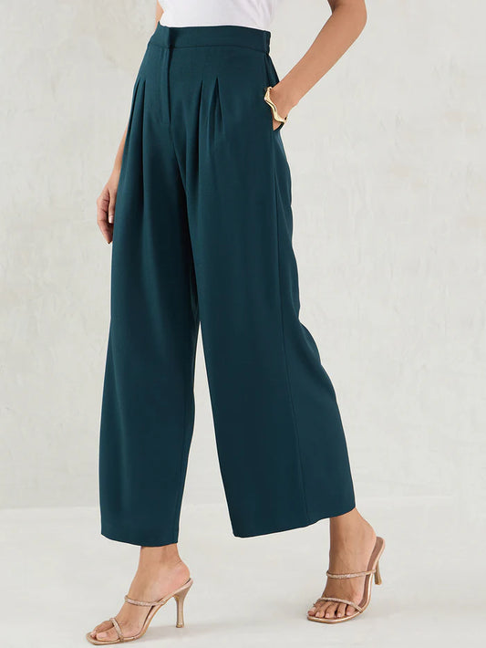 Green Pleated Full-Length Formal Trousers