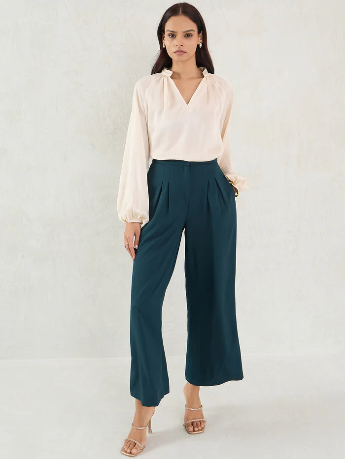 Green Pleated Full-Length Formal Trousers