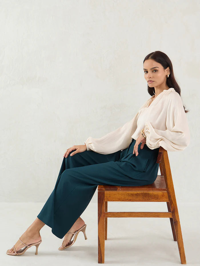 Green Pleated Full-Length Formal Trousers