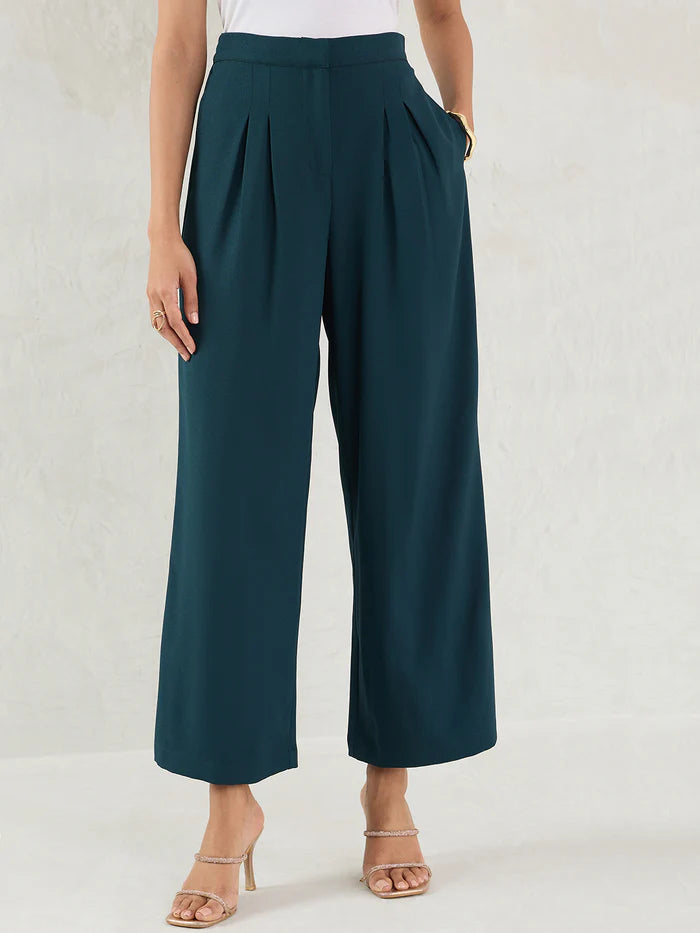 Green Pleated Full-Length Formal Trousers