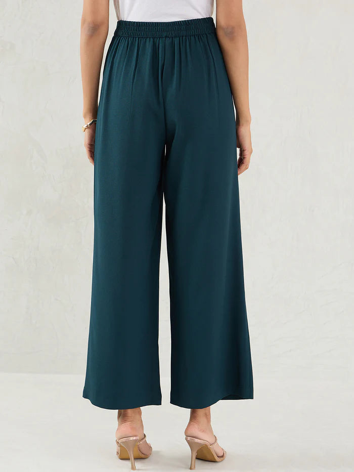 Green Pleated Full-Length Formal Trousers