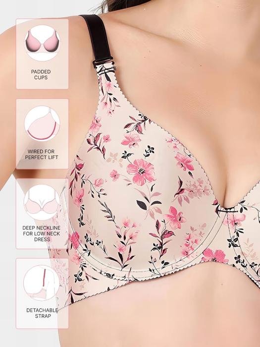 Shyaway HANA Ivory Pink Floral Broad-Winged Seamless T-Shirt Bra