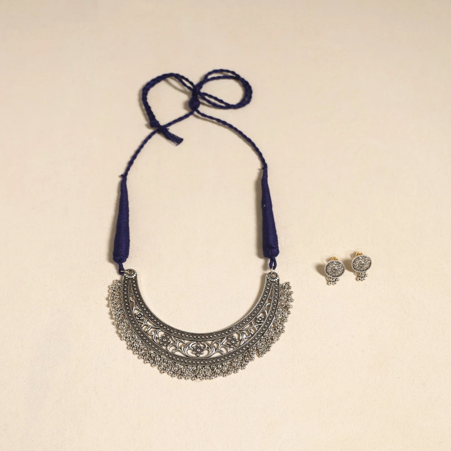 Handcrafted White German Silver Necklace Set - Navratri Special
