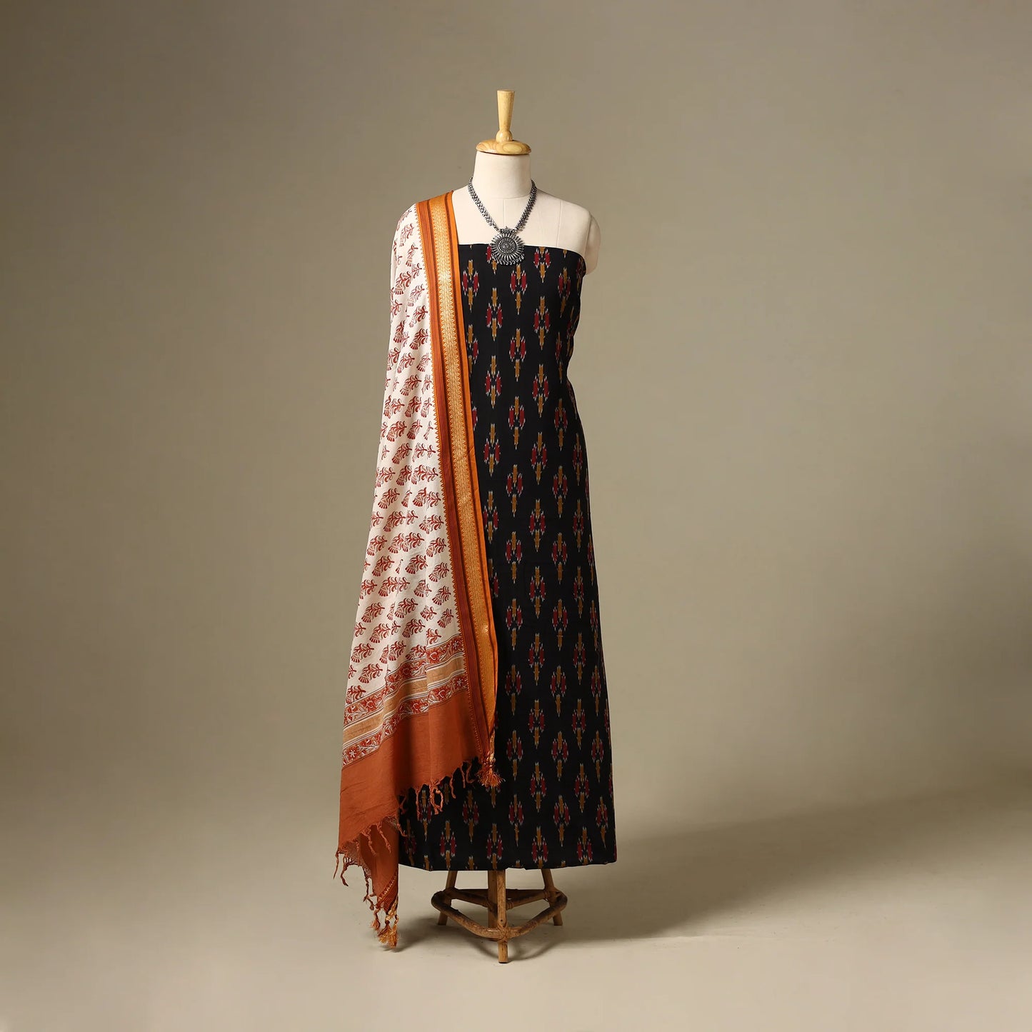 Black Handloom Pochampally Ikat Kurta with Sanganeri Dupatta (2-Piece Cotton Set) - PV5606