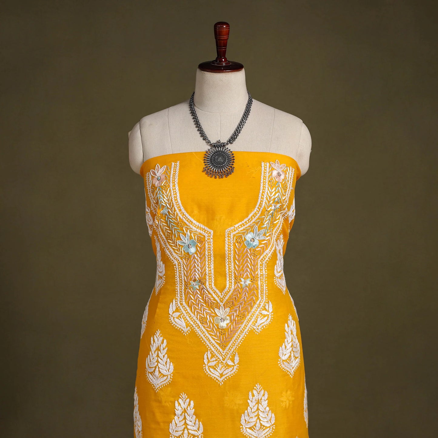 Orange Lucknowi Chikankari Kurta Fabric with Parsi Detailing