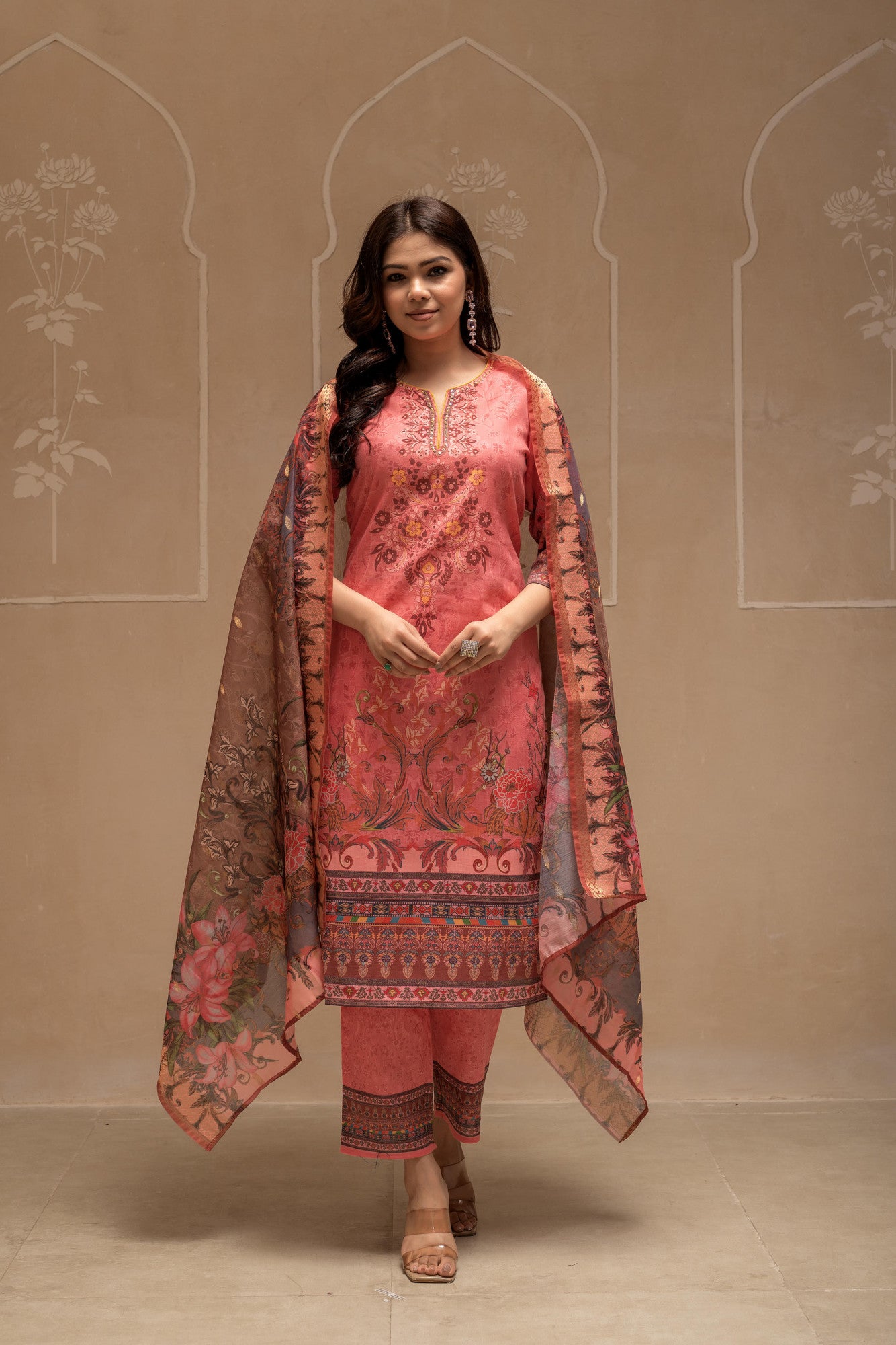 Coral Bloom – Floral Printed Kurta Set with Sequins & Beads Detailing