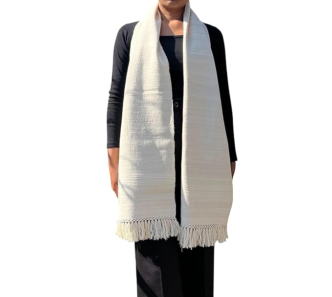 Handwoven Eri Silk White All Season Muffler – Soft, Sustainable & Striped Elegance For Women (Pre Order)