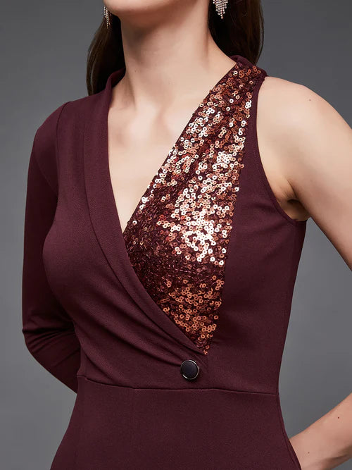 Women's Wine Embellished Asymmetric Sequined Party Blazer Jumpsuit