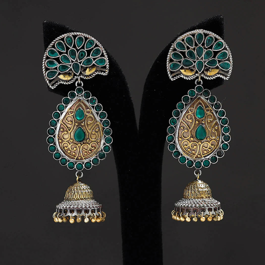 Multicolor Oxidised Dual Tone Stone GS Earrings