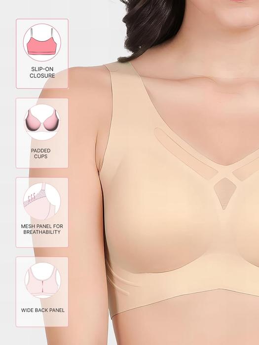 Shyle Pearled Ivory Mesh Neckline Seamless Bra – Effortless Comfort, Elegant Detail