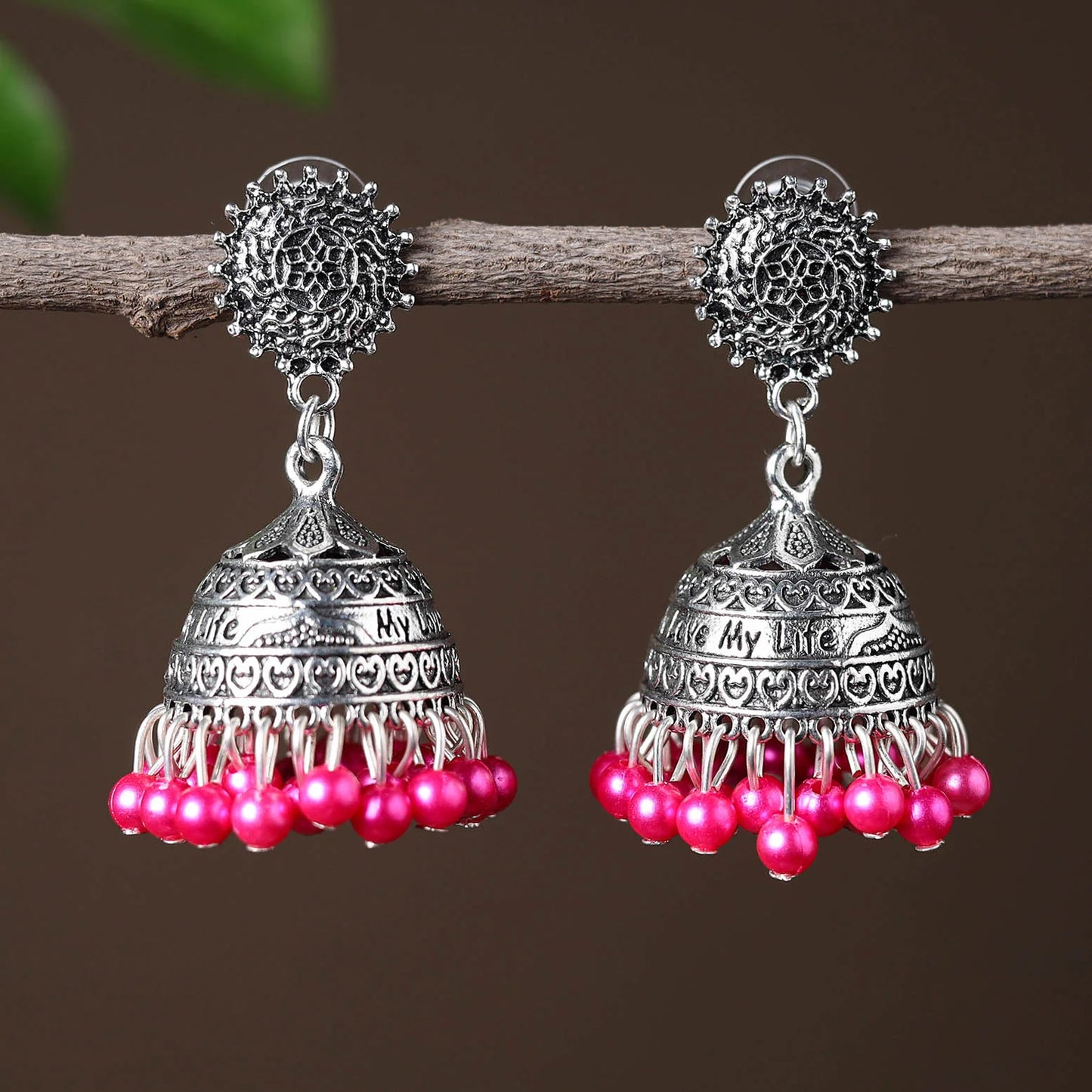 Grey Kriti Handcrafted German Silver Beadwork Jhumki Earrings