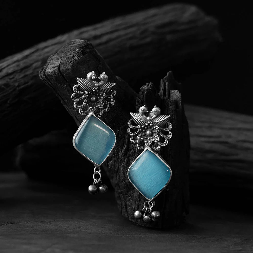 Sky Blue Saanjh Bela Bird Flower Oxidised Earrings