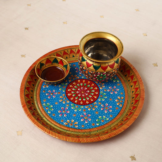 Handpainted Stainless Steel Pooja Thali, Kalash & Bowl