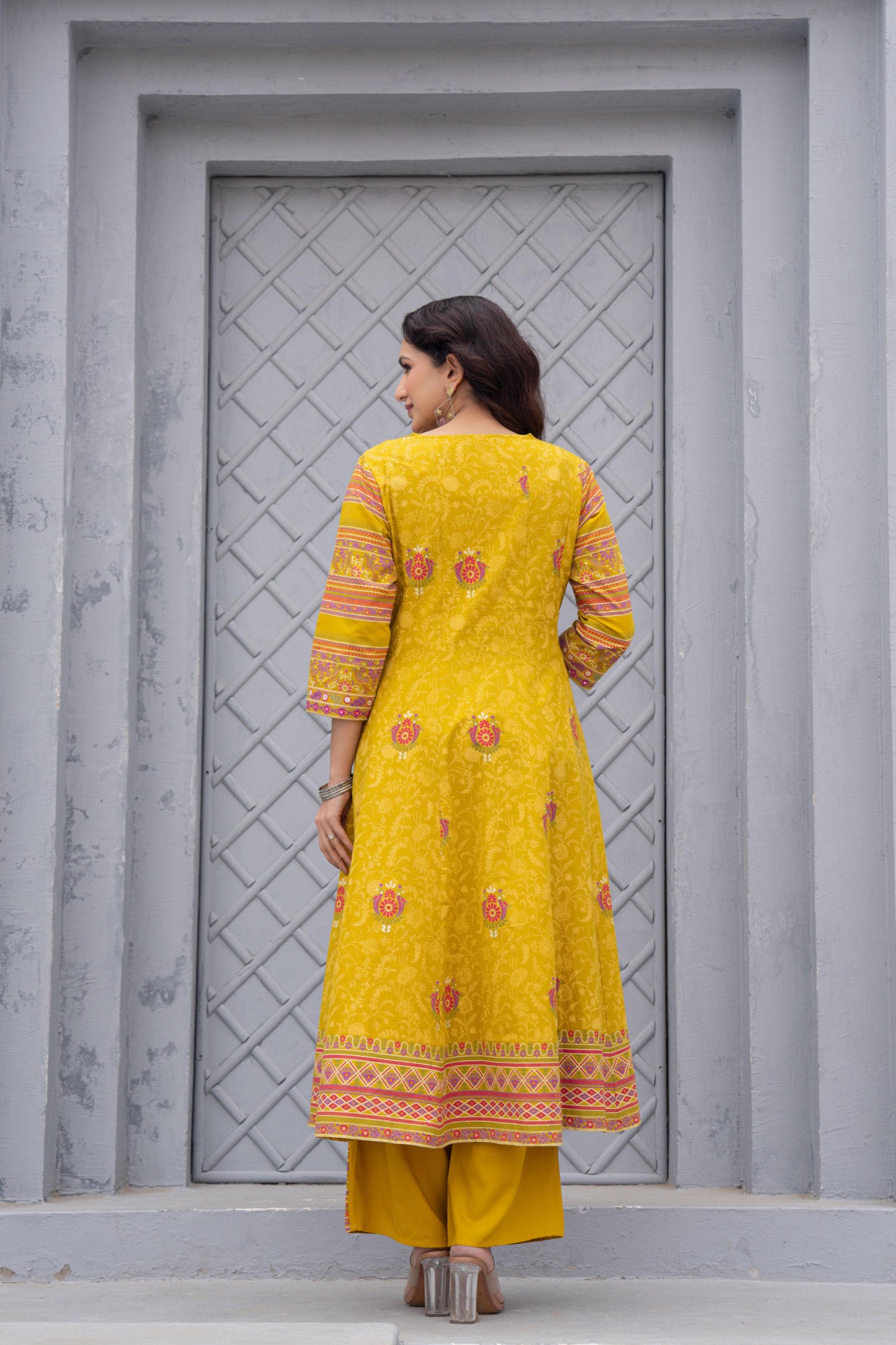 Mustard Bloom – Floral Cotton Kurta Set with Exquisite Thread & Mirror Work