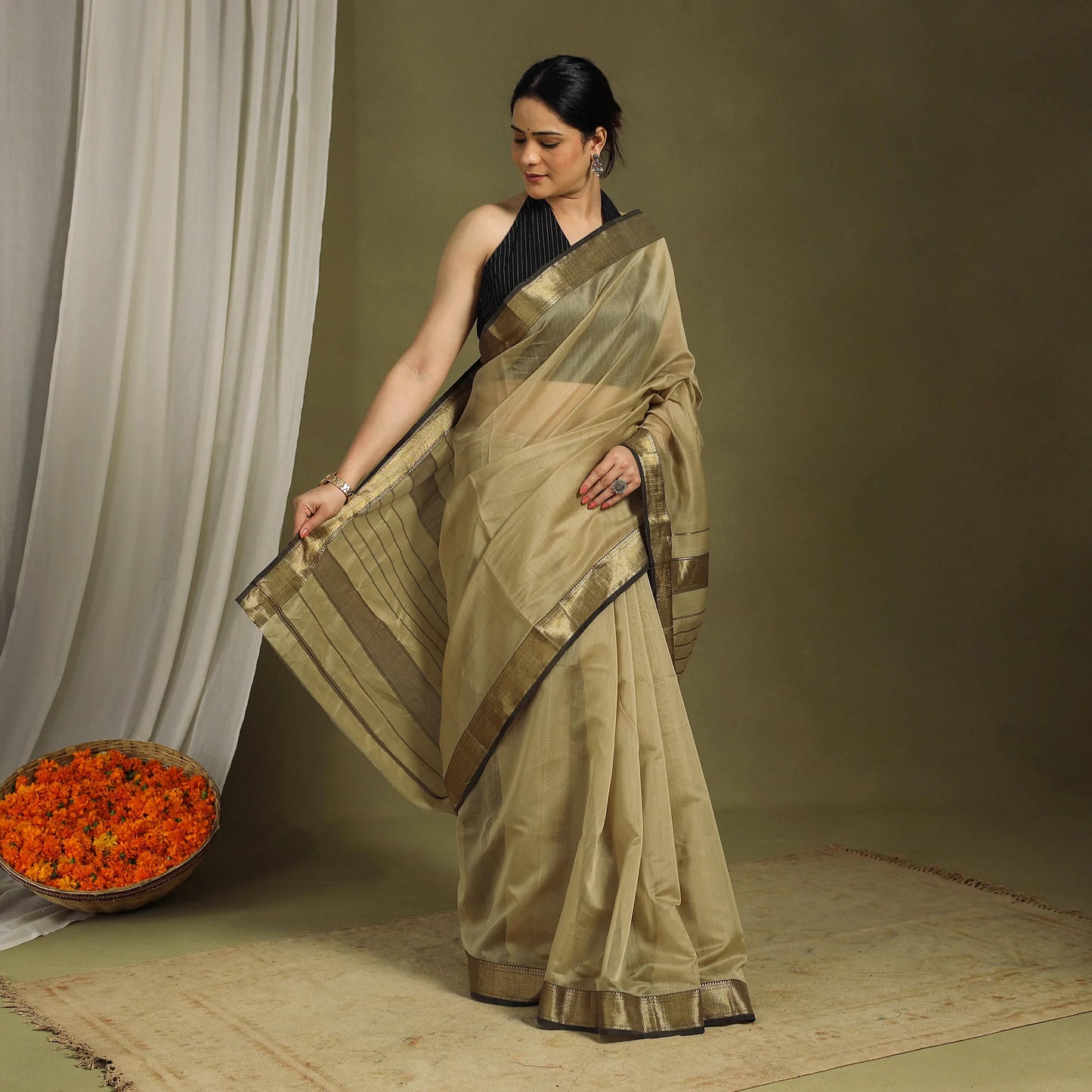 Traditional Green Handloom Zari Work Maheshwari Silk Saree