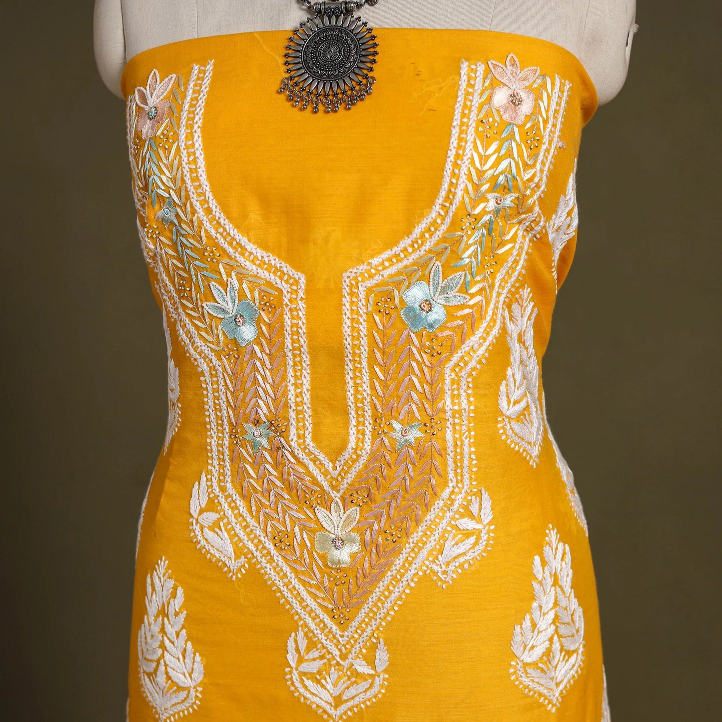 Orange Lucknowi Chikankari Kurta Fabric with Parsi Detailing