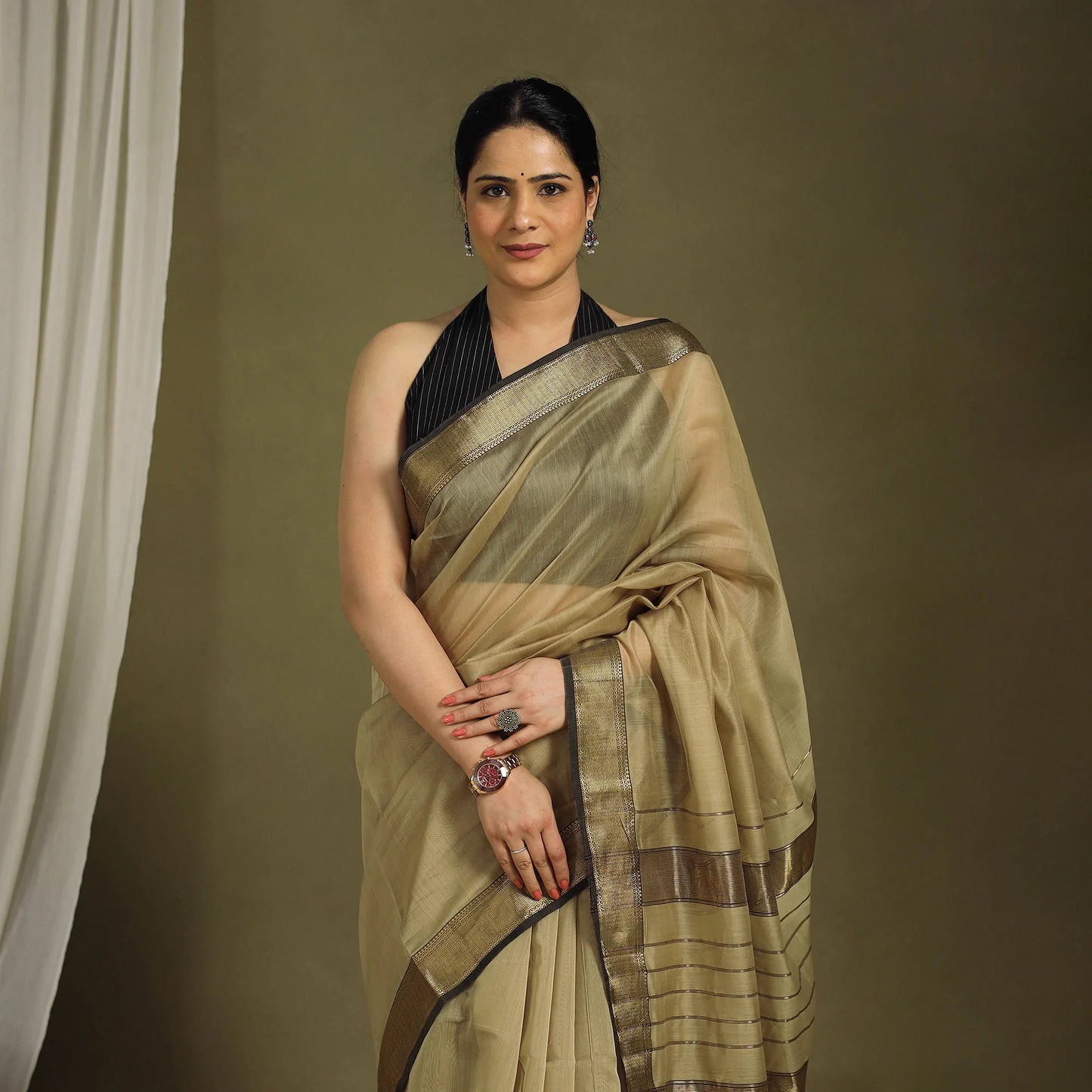 Traditional Green Handloom Zari Work Maheshwari Silk Saree