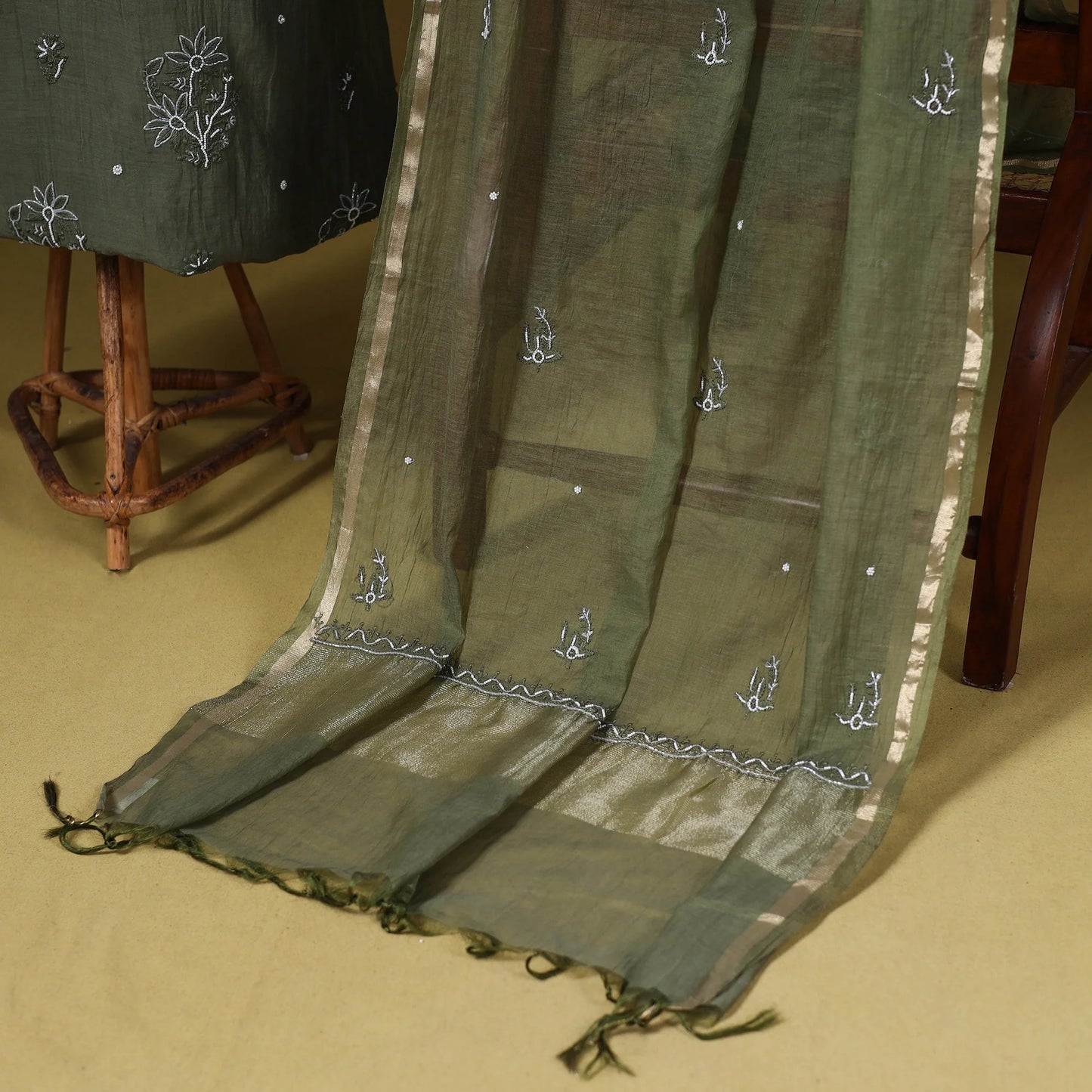 Green Chikankari Dress Material Set (2-Piece) – Mul Cotton x Chanderi Silk