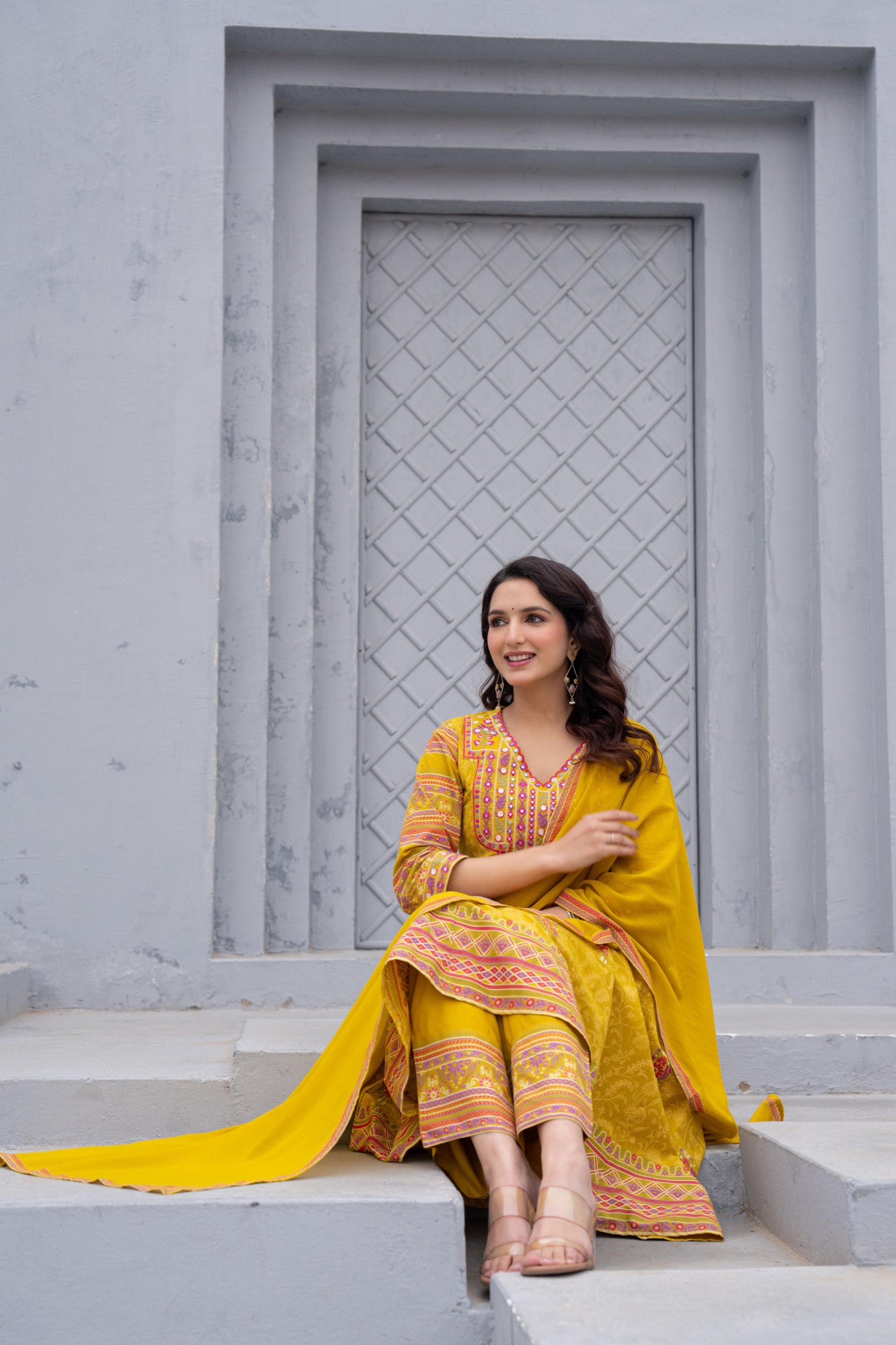 Mustard Bloom – Floral Cotton Kurta Set with Exquisite Thread & Mirror Work
