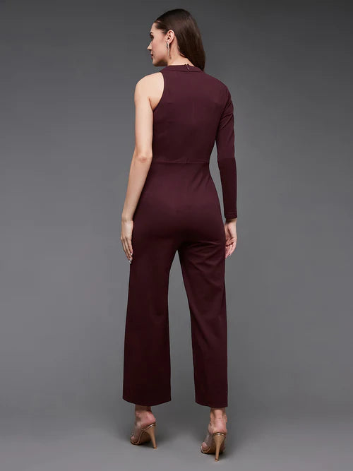 Women's Wine Embellished Asymmetric Sequined Party Blazer Jumpsuit