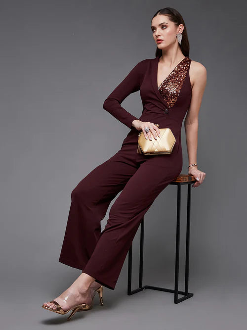 Women's Wine Embellished Asymmetric Sequined Party Blazer Jumpsuit
