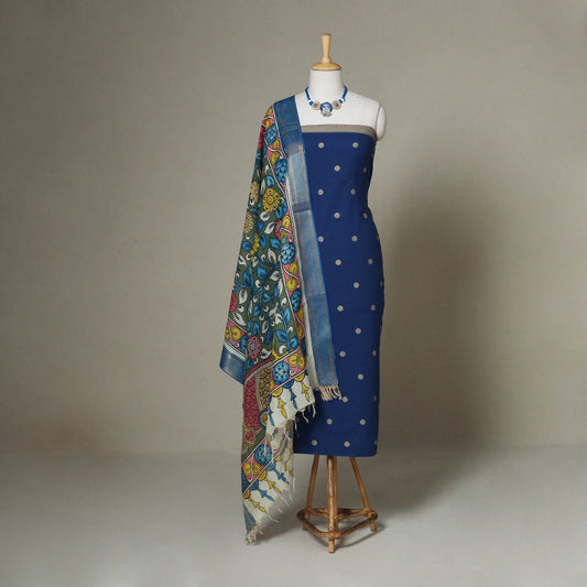 Blue 2-Piece Jacquard Cotton Dress Material Set with Hand-Painted Pen Kalamkari Dupatta & Jewelry
