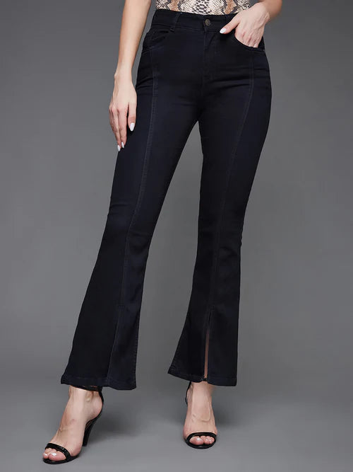 Women's Black Bell Bottom Bootcut Hourglass High rise Stretchable Slit Denim Jeans